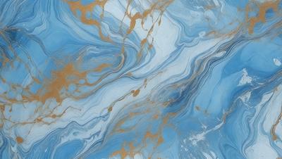 The primary subject of the image is a blue and gold swirling pattern, which appears to be a painting or a digital artwork. The setting is a blue background, and the visual style is a combination of photo and digital art. The dominant colors are blue and gold, creating a vibrant and lively atmosphere.