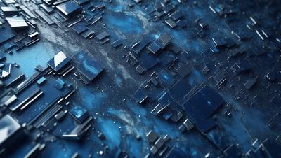 The primary subject of the image is a blue, textured surface with a variety of shapes and patterns. The setting appears to be a futuristic or abstract environment, possibly a digital art or illustration. The visual style of the image is a combination of photo and digital art, creating a unique and intriguing atmosphere. The dominant colors in the image are blue and black, with the blue surface providing a striking contrast to the black shapes and patterns. Overall, the image evokes a sense of mystery and creativity, inviting the