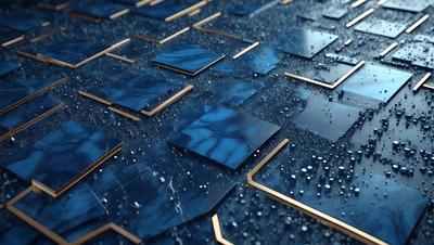 The primary subject of the image is a blue and gold tile floor. The setting is a room with a blue and gold tile floor, which is the main object of the image. The visual style is a photo, and the colors and mood are predominantly blue and gold, creating a warm and inviting atmosphere.