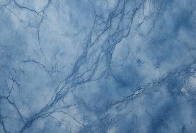 The primary subject of the image is a blue marble wall with a pattern of white veins. The setting is a room with a blue background, and the visual style is a close-up of the marble wall. The colors and mood of the image are predominantly blue, with the white veins adding a touch of contrast.