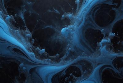 The primary subject of the image is a blue, swirling, and flowing substance, which appears to be a mix of water and paint. The setting is a dark background, which contrasts with the vibrant blue color of the swirling substance. The visual style of the image is a combination of painting and digital art, creating a unique and captivating scene. The colors and mood of the image are predominantly blue, with a sense of movement and flow, giving the impression of a dynamic and fluid