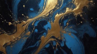 The primary subject of the image is a blue and gold swirl pattern, which appears to be a painting or a digital artwork. The setting is a blue background, and the visual style is a combination of painting and digital art. The colors and mood of the image are vibrant and lively, with the blue and gold colors creating a sense of depth and movement.