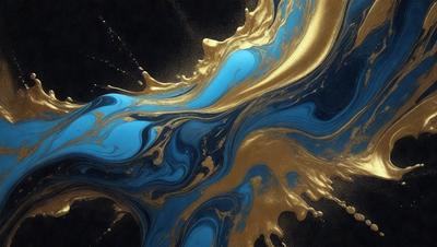 The primary subject of the image is a blue and gold swirl, which appears to be a painting or a digital artwork. The setting is a black background, which contrasts with the vibrant colors of the swirl. The visual style suggests that the image is a creative and artistic representation of the swirl. The dominant colors are blue and gold, creating a sense of depth and richness in the composition.