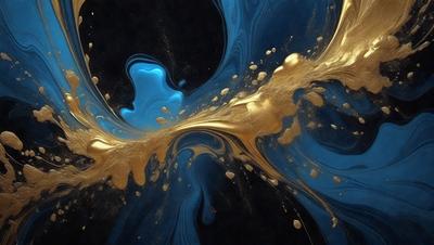 The primary subject of the image is a blue and gold swirl pattern, which appears to be a digital art or illustration. The setting is a black background, and the visual style is a mix of digital art and illustration. The dominant colors in the image are blue and gold, creating a vibrant and visually appealing atmosphere.