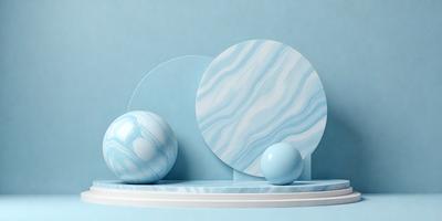 The primary subject of the image is a blue marble ball, which is placed on a white surface. The setting is a blue background, and the visual style appears to be a digital art or illustration. The dominant colors are blue and white, creating a calm and serene atmosphere.