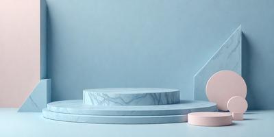 The primary subject of the image is a marble tabletop. The table is placed on a blue surface, which could be a table or a wall. The setting appears to be a modern and minimalist environment. The visual style of the image is a photo, showcasing the marble tabletop and its surroundings. The colors and mood of the image are predominantly blue, giving it a calm and sophisticated atmosphere.