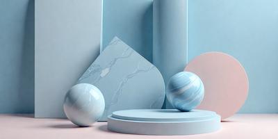 The primary subject of the image is a group of three blue and white balls, which are placed on a white surface. The setting is a room with a blue wall, and the visual style appears to be a combination of photo and digital art. The colors and mood of the image are predominantly blue and white, creating a calm and serene atmosphere.