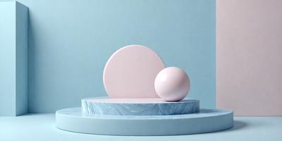 The primary subject of the image is a pink and white marble tabletop. The tabletop features a pink marble ball and a white marble ball, creating a visually appealing and unique display. The setting is a blue background, which contrasts with the marble colors, adding depth and interest to the scene. The visual style of the image is a combination of photo and digital art, resulting in a high-quality and detailed presentation. The colors and mood of the image are predominantly pink and white,