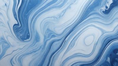 The primary subject of the image is a blue and white swirling pattern, which appears to be a painting or a digital artwork. The setting is a white wall, and the visual style is a combination of painting and digital art. The dominant colors are blue and white, creating a calming and soothing atmosphere.