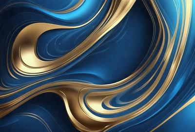 The primary subject of the image is a blue and gold swirl pattern, which appears to be a digital art or illustration. The setting is a blue background, and the visual style is a combination of digital art and illustration. The dominant colors are blue and gold, creating a sense of depth and sophistication.