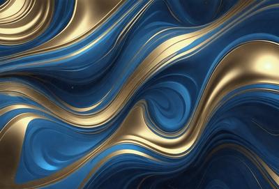 The primary subject of the image is a blue and gold swirling pattern, which appears to be a digital art or illustration. The setting is a blue background, and the visual style is a combination of digital art and illustration. The dominant colors are blue and gold, creating a sense of depth and movement in the pattern.