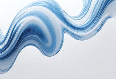 The primary subject of the image is a blue and white wave, which appears to be a digital art or illustration. The wave is the main focus of the image, and it is set against a white background. The visual style of the image gives it a modern and artistic appearance. The dominant colors in the image are blue and white, creating a sense of calmness and tranquility.