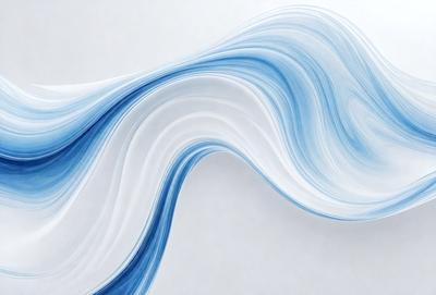 The primary subject of the image is a large, flowing wave that appears to be made of paper. The wave is blue and white, and it is depicted in a digital art style. The setting is a white wall, which serves as the background for the wave. The visual style gives the impression of a dynamic and fluid motion, while the colors and mood evoke a sense of tranquility and freedom.