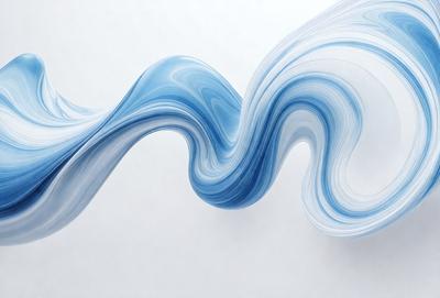 The primary subject of the image is a blue and white wave, which appears to be a digital art or illustration. The wave is depicted as a swirling, flowing motion, and it is set against a white background. The visual style of the image gives it a modern and dynamic feel. The dominant colors in the image are blue and white, creating a sense of calmness and tranquility.