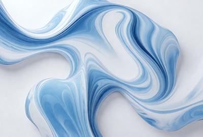 The primary subject of the image is a large, blue, swirling pattern or painting. The setting is a white wall, which serves as a clean and uncluttered background for the artwork. The visual style appears to be a combination of digital art and illustration, creating a unique and eye-catching design. The dominant colors are blue and white, giving the artwork a calming and serene atmosphere.