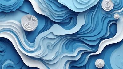 The primary subject of the image is a large, blue, and white sculpture. The sculpture is made of paper and features a wave-like design. The setting is a blue background, which complements the sculpture's colors. The visual style is a combination of digital art and illustration, as the paper sculpture is digitally rendered. The colors and mood of the image are predominantly blue and white, creating a serene and calming atmosphere.
