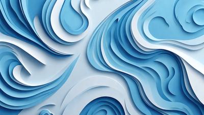 The primary subject of the image is a blue and white wave, which is the main focus of the scene. The wave is depicted in a digital art style, giving it a modern and visually appealing appearance. The setting is a blue background, which complements the colors of the wave and adds to the overall atmosphere of the image. The colors and mood of the image are predominantly blue and white, creating a sense of calmness and tranquility.