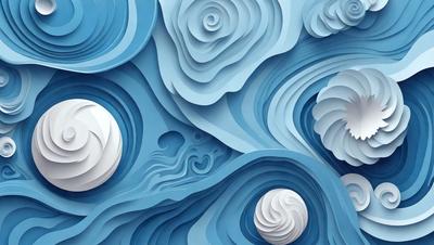 The primary subject of the image is a blue and white artwork featuring a series of white balls and swirls. The setting is a blue background, and the visual style appears to be a combination of digital art and illustration. The colors and mood of the image are predominantly blue and white, creating a calm and serene atmosphere.
