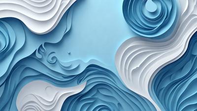 The primary subject of the image is a blue and white ocean scene, featuring waves and ripples. The setting is a blue background, which adds to the overall atmosphere. The visual style is a combination of digital art and illustration, creating a unique and artistic representation of the ocean. The colors and mood convey a sense of calmness and tranquility, as the blue ocean waves gently roll and flow.