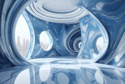 The primary subject of the image is a large, open, and modern building with a blue and white color scheme. The setting is an urban environment, with a city visible in the background. The visual style is a combination of photo and digital art, creating a unique and futuristic atmosphere. The dominant colors are blue and white, with the blue walls and white floors creating a clean and modern look.