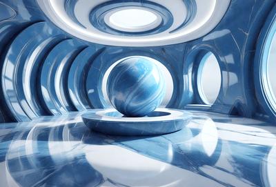 The primary subject of the image is a large blue sphere, which is the main object in the scene. The setting is a futuristic environment, with a blue and white color scheme. The visual style appears to be a combination of photo and digital art, creating a unique and intriguing atmosphere. The colors and mood of the image are predominantly blue and white, giving it a clean and modern feel.
