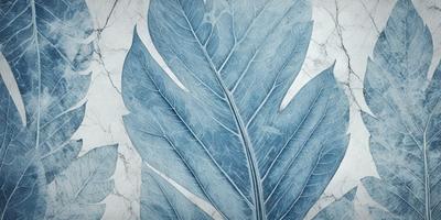 The primary subject of the image is a large blue leaf, which is the main focus of the scene. The leaf is prominently displayed on a white marble surface, which serves as the setting or background. The visual style of the image is a combination of photo and digital art, creating a realistic yet artistic representation of the leaf. The dominant colors in the image are blue and white, giving the scene a calm and serene atmosphere.