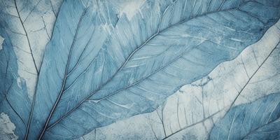 The primary subject of the image is a leaf, which is the main object, scene, or focus of the image. The leaf is depicted in a blue and white color scheme, giving it a vibrant and lively appearance. The setting or background of the image features a marble surface, which adds a sense of sophistication and elegance to the overall composition. The visual style of the image is a combination of photo and digital art, creating a unique and artistic representation of the leaf. The colors and mood of