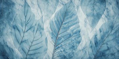 The primary subject of the image is a large blue leaf, which is the main focus of the scene. The leaf is prominently displayed, covering a significant portion of the image. The setting is a marble wall, which serves as the backdrop for the leaf. The visual style of the image is a combination of photo and digital art, creating a unique and artistic representation of the leaf. The dominant colors in the image are blue and white, giving the scene a calm and serene atmosphere.
