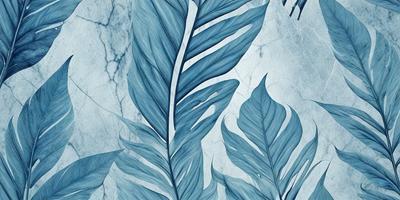 The primary subject of the image is a large blue leaf, which is the main focus of the scene. The leaf is prominently displayed on a marble surface, which serves as the setting or background. The visual style of the image is a combination of photo and digital art, creating a unique and artistic representation of the leaf. The dominant colors in the image are blue and white, giving it a calm and serene atmosphere.
