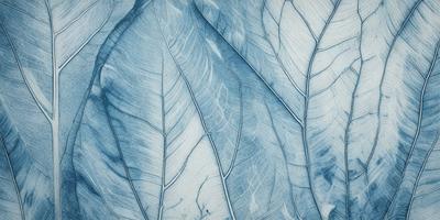 The primary subject of the image is a blue leaf with a white vein. The leaf is the main object, scene, or focus of the image. The setting or background consists of a blue and white patterned surface. The visual style of the image is a combination of a photo and digital art, as it appears to be a close-up of a leaf with a white vein. The colors and mood of the image are predominantly blue and white, creating a calm and serene atmosphere.