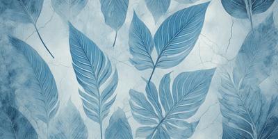 The primary subject of the image is a collection of blue leaves, which are the main objects in the scene. The leaves are arranged in a pattern, creating a visually appealing design. The setting is a white wall, which serves as the background for the blue leaves. The visual style of the image is a combination of digital art and illustration, as the blue leaves are depicted in a detailed and artistic manner. The dominant colors in the image are blue and white, giving the scene a calm and serene atmosphere.
