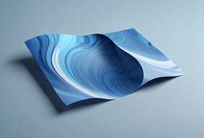 The primary subject of the image is a blue and white paper, which is displayed on a blue surface. The paper is folded and has a patterned design, giving it a unique and artistic appearance. The setting appears to be a studio or workspace, where the paper is being showcased or used for creative purposes. The visual style of the image is a combination of digital art and illustration, as the paper is presented in a way that highlights its design and texture. The colors and mood of the image are pre