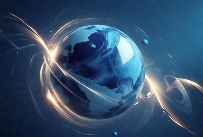 The primary subject of the image is a blue, swirling, and glowing globe, which appears to be a digital art or illustration. The setting is a dark blue background, and the visual style gives the impression of a celestial or space-themed scene. The colors and mood of the image are predominantly dark and mysterious, with the blue globe being the main focal point.