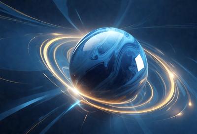The primary subject of the image is a blue, swirling, and glowing ball, which appears to be a planet or a celestial object. The setting is a blue background, which complements the vibrant colors of the main subject. The visual style is a combination of photo and digital art, creating a unique and captivating image. The dominant colors are blue and yellow, with the blue ball being the focal point of the scene. The overall atmosphere is one of wonder and exploration, as the viewer