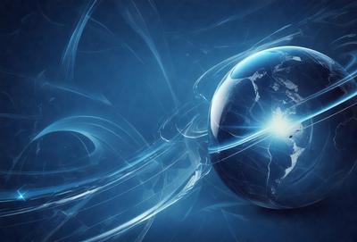 The primary subject of the image is a blue and white globe, which is the main object in the scene. The setting is a blue background, and the visual style is a digital art or illustration. The colors and mood of the image are predominantly blue and white, creating a calm and serene atmosphere.