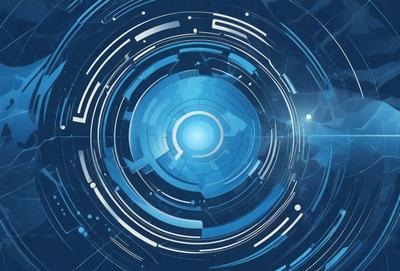 The primary subject of the image is a blue and white digital artwork featuring a circular design with a blue center. The setting is a futuristic, high-tech environment, and the visual style is a combination of digital art and illustration. The dominant colors are blue and white, creating a clean and modern atmosphere.