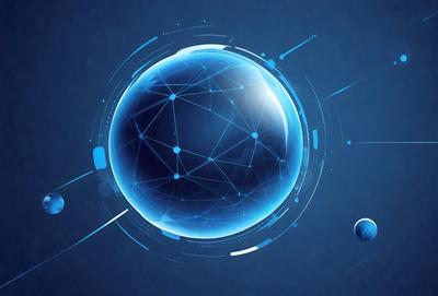 The primary subject of the image is a blue, three-dimensional globe with a network of lines and connections. The setting is a blue background, and the visual style is digital art. The colors and mood of the image are predominantly blue, creating a calm and serene atmosphere.