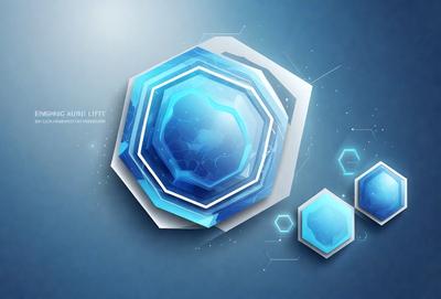 The primary subject of the image is a blue and white geometric shape, which appears to be a part of a larger design. The setting is a blue background, and the visual style is digital art. The dominant colors are blue and white, creating a clean and modern atmosphere.