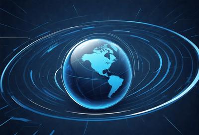 The primary subject of the image is a blue, globe-shaped object, which is the Earth. The setting is a blue background, and the visual style is a digital art or illustration. The colors and mood of the image are predominantly blue, creating a calm and serene atmosphere.