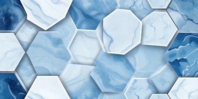 The primary subject of the image is a close-up of a marble tile, showcasing its intricate design and texture. The setting is a marble tile floor, which serves as the background for the image. The visual style is a close-up, which highlights the details of the tile. The colors and mood of the image are predominantly blue, giving it a calm and sophisticated atmosphere.