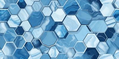 The primary subject of the image is a blue and white patterned tile. The setting is a blue and white tile wall, which serves as the background. The visual style is a close-up of the tile, showcasing its intricate design. The dominant colors are blue and white, creating a calm and soothing atmosphere.