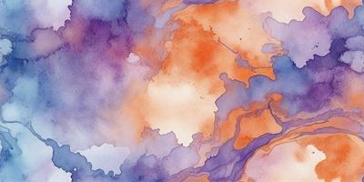 The primary subject of the image is a watercolor painting featuring a purple and orange background. The setting is a watercolor painting, which gives the artwork a unique visual style. The dominant colors in the painting are purple and orange, creating a vibrant and lively atmosphere.