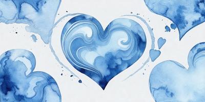 The primary subject of the image is a heart-shaped blue watercolor painting. The heart is filled with swirls and waves, creating a visually appealing and artistic representation. The setting is a white background, which provides a clean and uncluttered appearance. The visual style is a watercolor painting, which gives the image a unique and creative touch. The colors and mood of the image are predominantly blue, which adds a sense of calmness and tranquility to the scene.