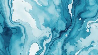 The primary subject of the image is a blue and white painting of a water-like surface. The setting is a blue ocean, and the visual style is a digital art or illustration. The dominant colors are blue and white, creating a serene and calming atmosphere.