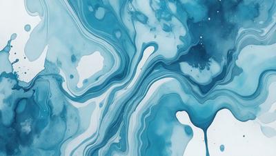 The primary subject of the image is a blue and white painting of a water-like substance. The setting is a white background, and the visual style appears to be a digital art or illustration. The dominant colors in the painting are blue and white, creating a calming and serene atmosphere.