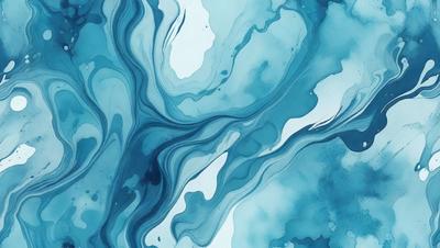The primary subject of the image is a blue and white painting of a water-like scene. The setting is a blue background, and the visual style appears to be a digital art or illustration. The dominant colors are blue and white, creating a serene and calming atmosphere.