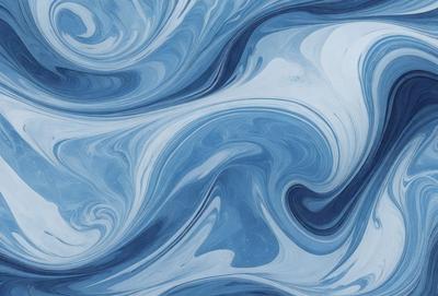 The primary subject of the image is a blue and white swirling pattern, which appears to be a painting or a digital artwork. The setting is a blue background, and the visual style is a combination of photo and digital art. The dominant colors are blue and white, creating a calming and serene atmosphere.