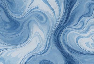 The primary subject of the image is a blue and white painting of a wave. The setting is a blue background, and the visual style appears to be a digital art or illustration. The dominant colors are blue and white, creating a calm and serene atmosphere.