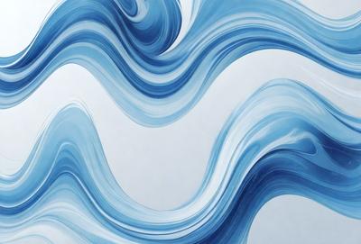 The primary subject of the image is a blue and white wave pattern. The setting is a white wall, and the visual style appears to be a digital art or illustration. The dominant colors are blue and white, creating a calm and soothing atmosphere.