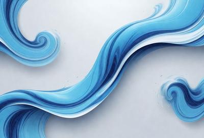 The primary subject of the image is a blue wave or water splash, which is the main focus of the image. The setting is a white wall, and the visual style is digital art or illustration. The dominant colors are blue and white, creating a calm and serene atmosphere.